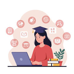A student with a graduation cap is sitting at a desk, working on a laptop, with various icons floating around representing different interests or subjects such as music, travel, and knowledge. 