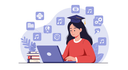 A student with a graduation cap is sitting at a desk, working on a laptop, with various icons floating around representing different interests or subjects such as music, travel, and knowledge. 