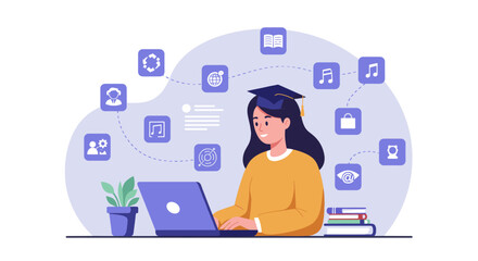 A student with a graduation cap is sitting at a desk, working on a laptop, with various icons floating around representing different interests or subjects such as music, travel, and knowledge. 