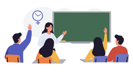 A teacher is standing in front of a chalkboard, pointing towards the class, while students are raising their hands to answer or ask questions.