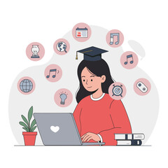 A student with a graduation cap is sitting at a desk, working on a laptop, with various icons floating around representing different interests or subjects such as music, travel, and knowledge. 