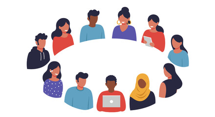 A group of diverse people are gathered in a circle, each engaged in different activities, such as working on laptops or holding mobile devices.