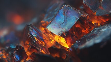 Close up revealing cerium doped perovskite crystals glowing orange, demonstrating intricate scintillation process with vibrant luminescent properties under specialized scientific observation