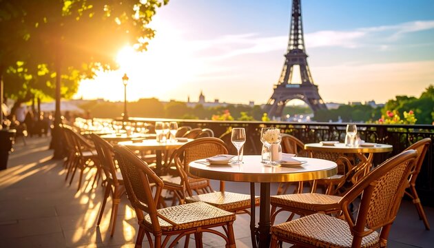 Parisian outdoor cafe at sunrise
