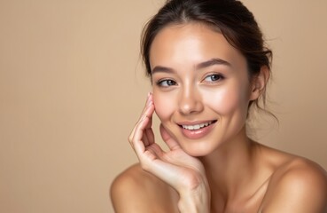 Portrait of young woman with clean, fresh skin smiling gently. Healthy skin glows, natural beauty, smooth complexion. Image highlights cosmetology, beauty, spa treatments, perfect for skincare
