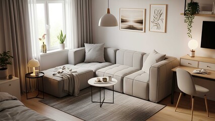 Cozy living room with a sectional sofa, modern desk, and ambient lighting, creating a comfortable and stylish space for relaxation and work.