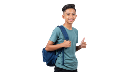 A smiling young man with a backpack giving a thumbs up on a black background with a positive attitude