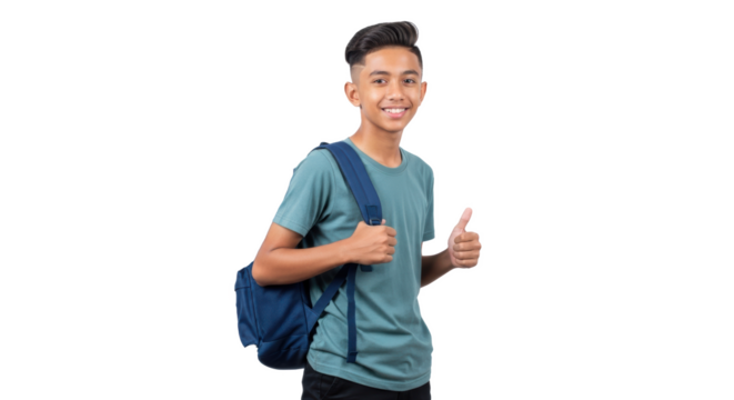 A smiling young man with a backpack giving a thumbs up on a black background with a positive attitude