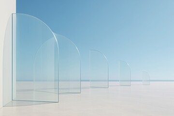 Abstract architectural composition featuring a series of transparent curved glass panels against a clear blue sky and calm sea horizon