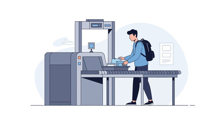 Traveler Preparing For Airport Security Scan While Putting Belongings On Conveyor Belt
