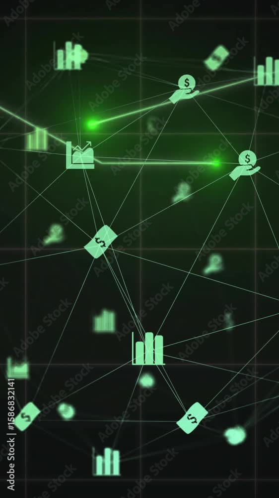 Poster network of financial icons and data processing animation over dark grid background