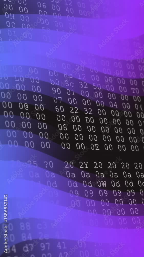 Poster Binary code and data processing animation over digital screen with purple highlights