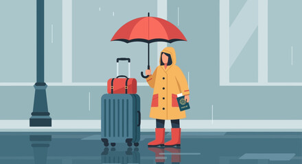 Traveler Woman With Luggage Passport And Umbrella In Rainy Weather Illustration
