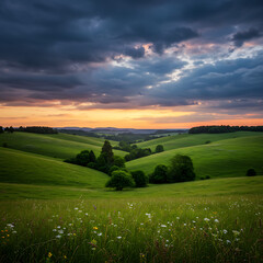 Obraz premium Expansive view of lush green rolling hills and valleys under a dramatic and colorful sunset sky with dark, stormy clouds. 