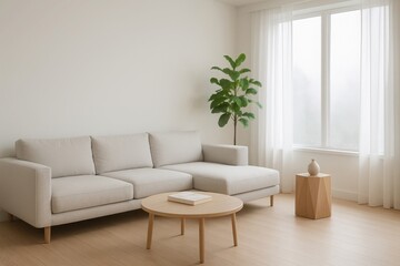 Modern minimalist living room with a comfortable sectional sofa round coffee table and a tall potted plant near a large window