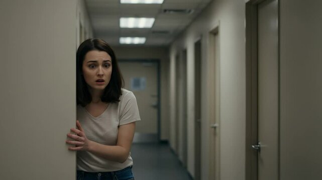 Scared young woman hiding and peeking around a corner in a long, empty hallway. A frightened female looks on with a terrified expression, feeling anxious and in danger.