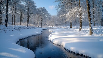 A serene winter scene.  A clear, icy stream meanders through a snowy forest.  Sunlight illuminates the snow-covered trees and the still water