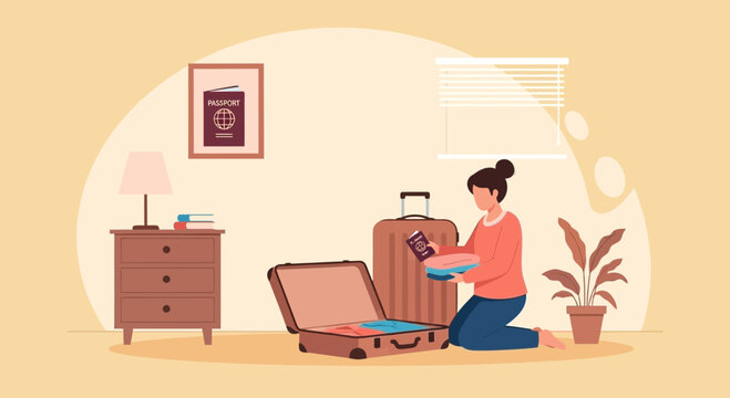 Woman Preparing For Vacation Arranging Clothes Inside Suitcase At Home