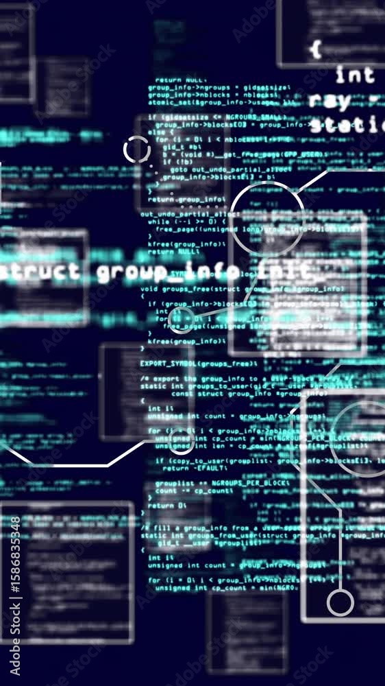 Aufkleber Programming code and data flow animation over dark background with interconnected nodes