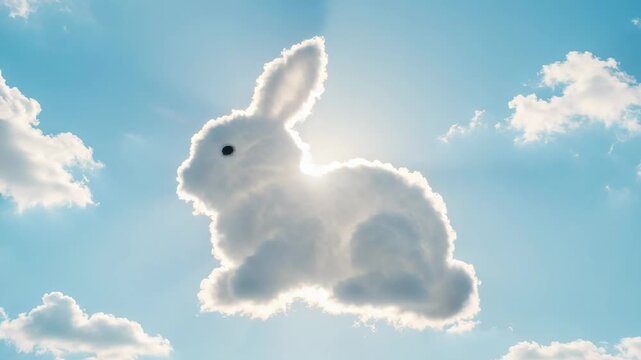 A whimsical cloud shaped like a rabbit floating in a bright blue sky. Imaginative and creative concept of pareidolia with the sun shining from behind.