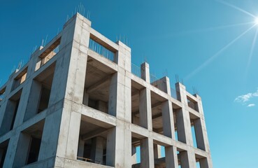 Reinforced concrete building frame against clear blue sky. Construction site shows structural work with columns, slabs. Focus on modern architecture, urban development, building materials like