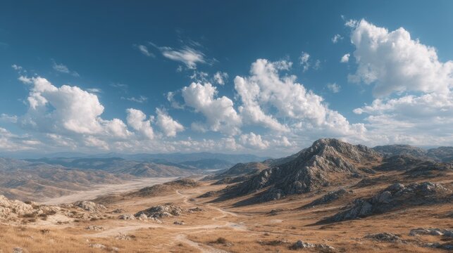 Stunning scenic landscape with mountains, clouds, and a winding road in a vast desert area