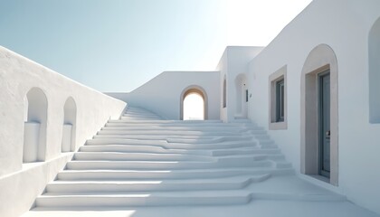 Ascending whitewashed steps to serenity. Geometric architecture in Santorini, Greece. Minimalist design with clean lines, arches, and bright sun. Tranquil Mediterranean vacation vibe.