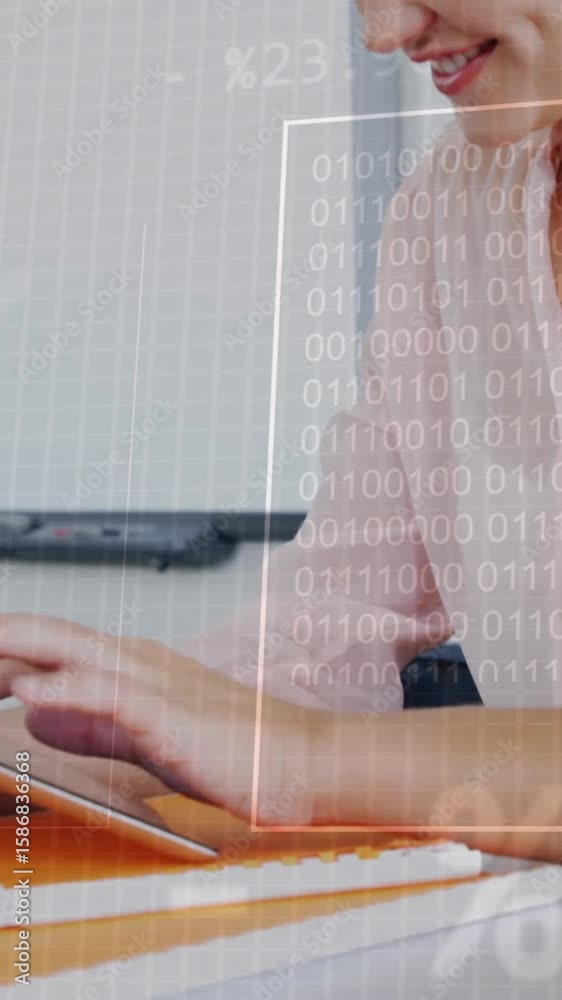 Poster typing on tablet, person with binary code animation overlay in school setting