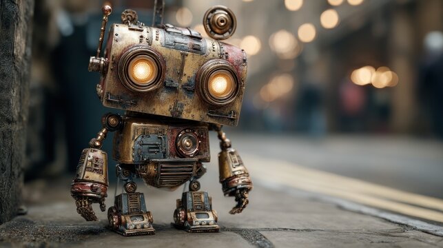 Whimsical steampunk robot with glowing eyes exploring an urban landscape