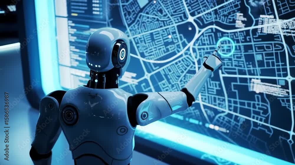 Poster robot points to city map displayed on a large screen with a blue futuristic interface design element