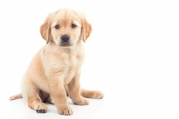 Adorable golden retriever puppy sitting calmly, clean white background.
