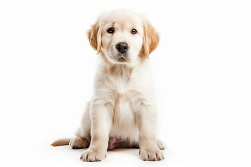 Obraz premium Adorable golden retriever puppy sitting calmly, clean white background.