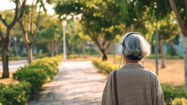 Senior Woman Enjoying Peaceful Park Stroll with Headphones - Powered by Adobe