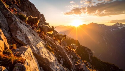 Alpine Ibex on a Mountain Ridge at Sunset, Majestic Mountain Goats Silhouetted Against a Brilliant Alpine Sunset