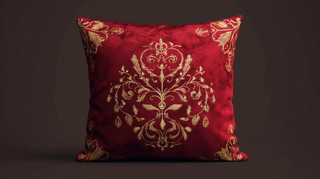 Red velvet pillow with gold damask pattern