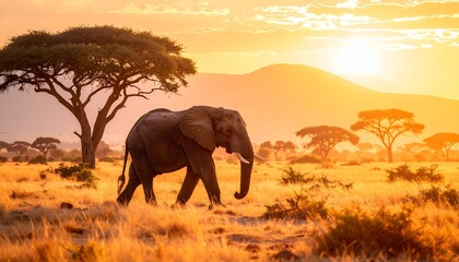 Fototapeta premium African Elephant Silhouetted Against a Golden Sunset, Majestic Elephant Walking Through the African Savanna at Sunset