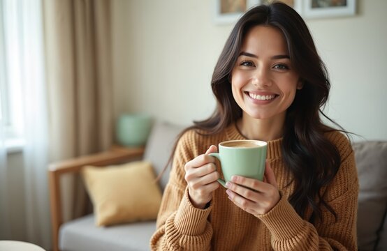 Happy woman smiles holding green mug with coffee in living room. She enjoys warm beverage for morning drink or break, feeling relaxed and confident. Lifestyle photo for chilling on weekend or day off. - Powered by Adobe