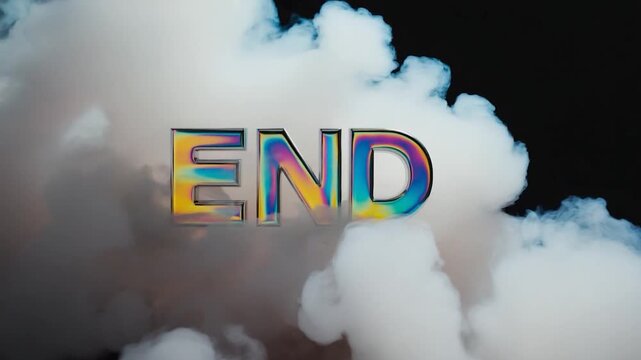 Colorful iridescent word "END" surrounded by white smoke
