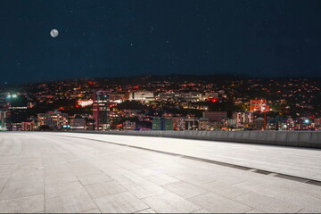 outdoor road skyline city building landscape sky night moon cityscape street travel
