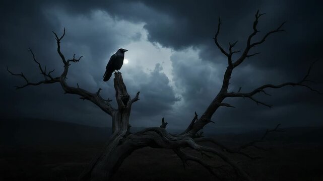 Silhouette of a raven on a dead tree branch against a dramatic stormy sky. Dark, mysterious, and spooky night scene.