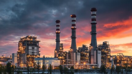 Obraz premium Illuminated Industrial Refinery at Sunset