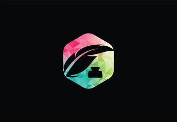 Colorful Low Poly and Feather Pen Logo Design. Writing Feather Pen logo, Vector Illustration