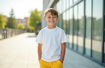 Smiling boy in white t-shirt and yellow shorts, hands in pockets. Outdoor setting, modern building background. Great for kids fashion, apparel mockups, summer lifestyle photos.
