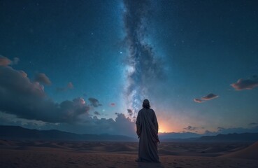 Fototapeta premium Biblical patriarch Abraham stands in a desert under a star-filled sky. His gaze contemplates the divine promise and connection to God, symbolizing faith and spiritual devotion in the vast universe.
