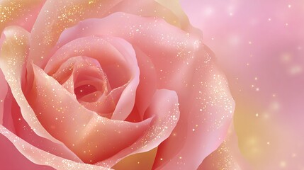 Close-up of a pink rose with gold glitter, soft focus and a blurred pink background, creating a romantic and delicate aesthetic