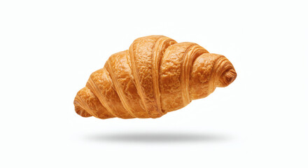 "High-detail image of a croissant levitating at an angle, isolated on a white background with light directional shadow below"