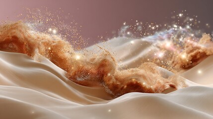 Fototapeta premium Soft Flowing Fabric with Golden Particles Against a Pink Background Creating an Ethereal Atmosphere