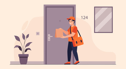 Young Delivery Man Bringing Package To The Door Apartment Cartoon Concept