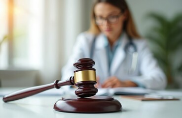 Close-up of wooden judge gavel on desk with doctor paperwork. Concept of medical law, litigation, health care decisions. Woman in lab coat with stethoscope, office setting, legal, medical agreement
