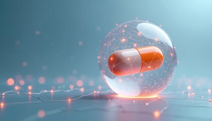 Digital illustration of pill representing AI-driven precision medicine. Orange, white capsule inside network sphere with glowing connections. Futuristic concept for pharma, research, discovery,